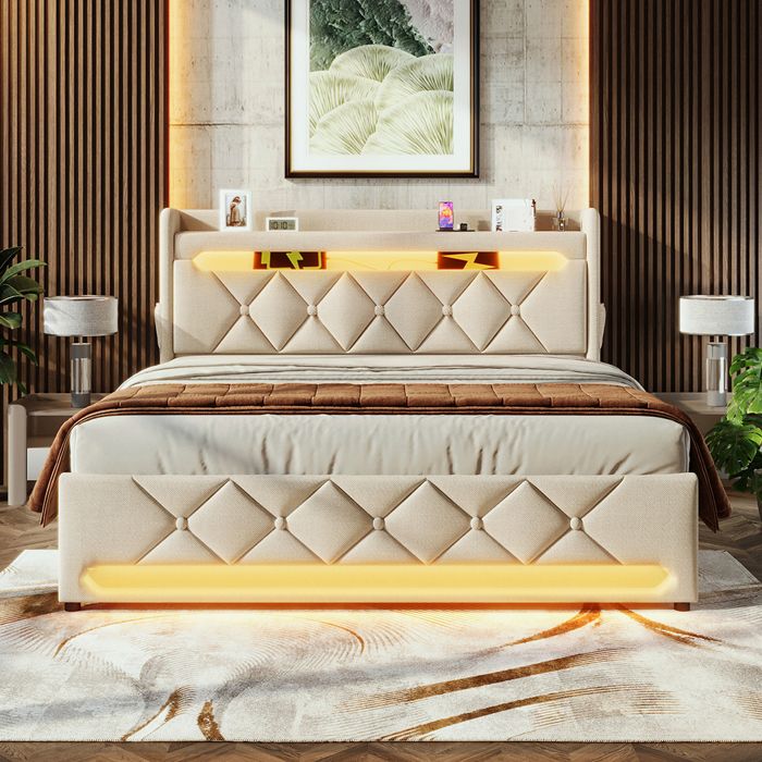 Lit Coffre Adulte 160x200 cm Lit Double avec LED USB et Type C Coffre de Rangement Sommier à lattes Tissu en Lin Beige
