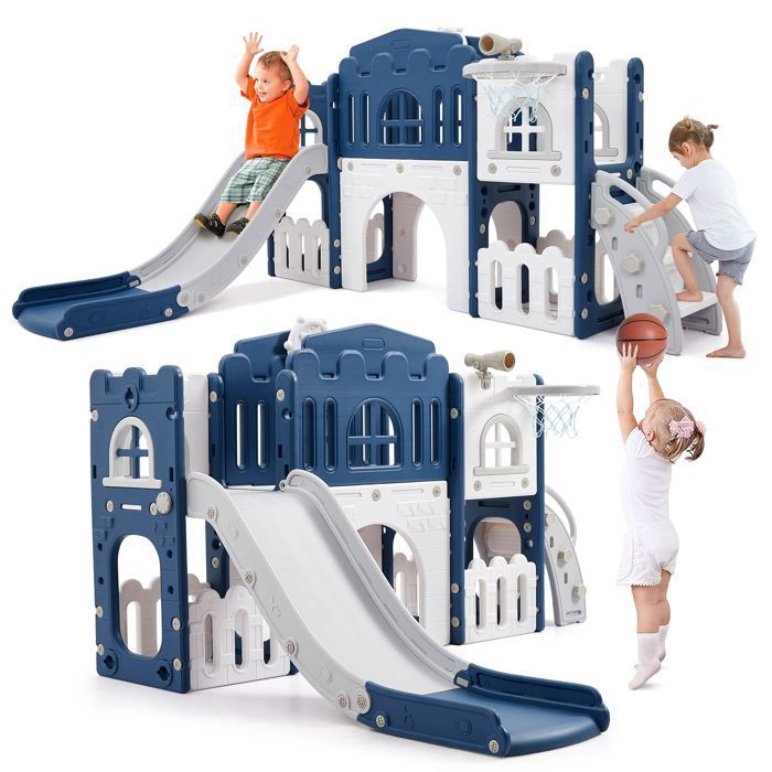 Aire de jeux 8-en-1 pour tout-petits – Toboggan tunnel panier basket télescope volant rangement – 1-3 ans – Bleu