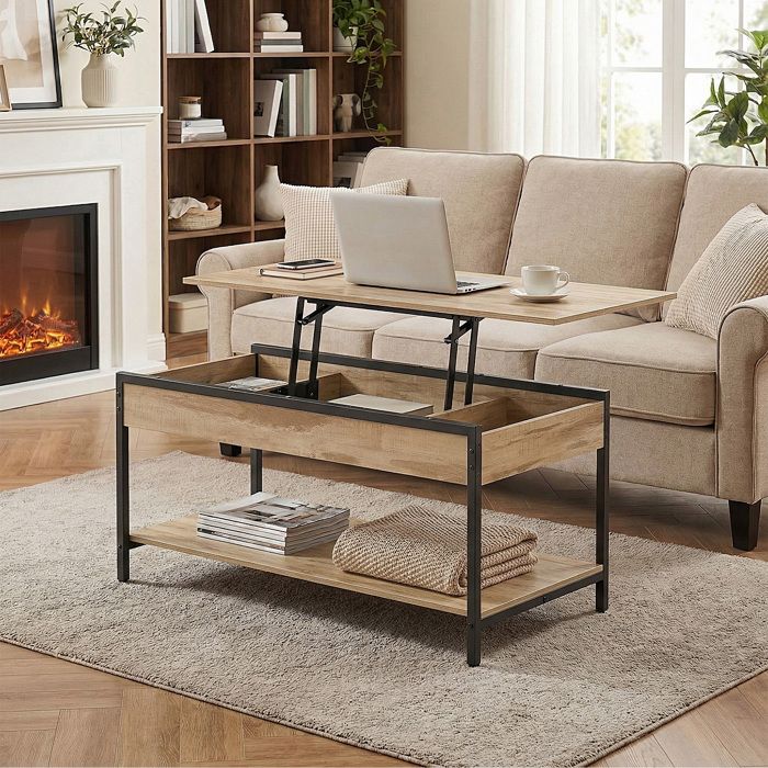 Table basse avec Plateau Relevable Rangement Caché et Ouvert Meuble de Salon 100 x 50 cm Marron Camel et Noir