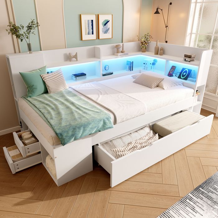 Lit Banquette Lit Simple USB Type-C LED Réglable Étagères et Tiroirs 90×200 cm sans Matelas en Bois Blanc