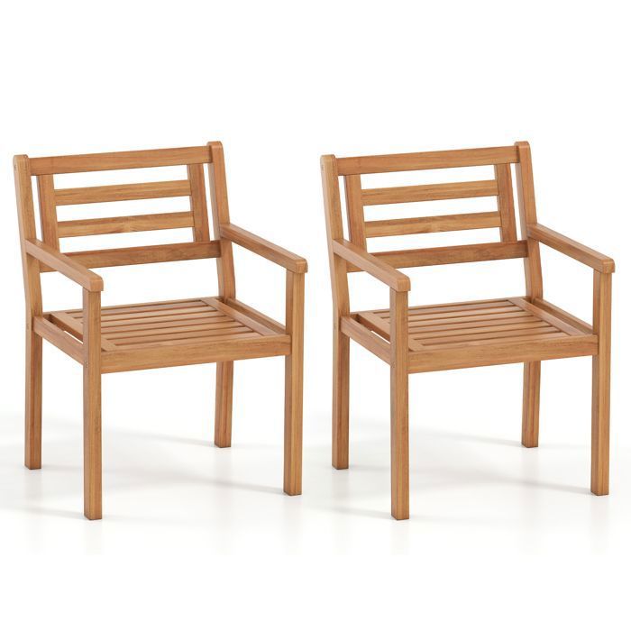 Lot de 2 Chaises de Jardin Extérieur COSTWAY en Bois Acacia Accoudoirs Dossier Incliné et Lattes Capacité 180Kg 56 x 56 x 80 cm