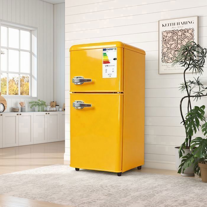 Réfrigérateur congélateur - Memkey - 41 x 45 x 89 cm - 60 L jaune - 2 portes classe E LED thermostat 7 positions