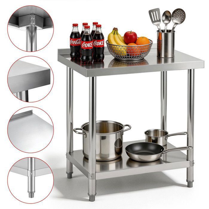 Table de travail cuisine - 60 x 90 x 90 cm - Acier inox - Dosseret intégré - 2 étagères