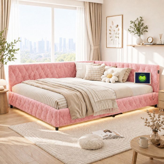 Lit Double 140x200 cm Rose Bouclé Lit Banquette Rembourré avec LED USB Sommier à Lattes Cadre Métal Chambre Adulte