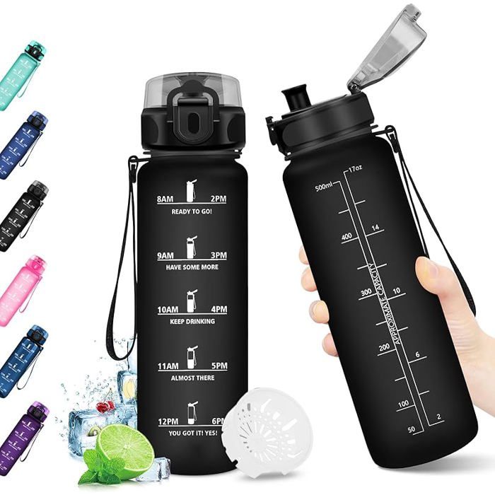 Gourde 500ml Bouteille d eau Étahe Réutilisable Gourde Sport avec 500 ml 17oz-500ml Mat Noir