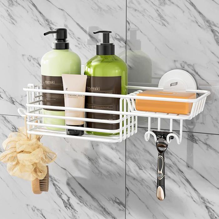 Étagère de douche à ventouse avec crochets et porte savonorganiseur de douche robuste sans perçageétagères de 1 x Bnc