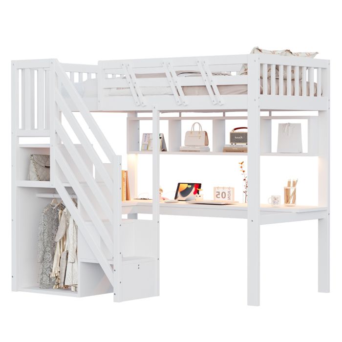 Lit mezzanine 90x200 en bois massif blanc escalier avec rangements bureau intégré LED et prise USB