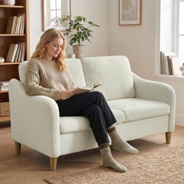 Canapé 2 places 137 cm blanc crème petit sofa aspect sherpa polaire pour salon