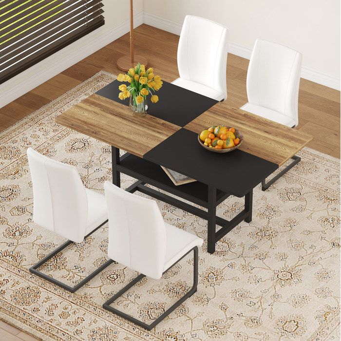 Ensemble table à manger rectangulaire 160 cm avec rangement intégré 4 chaises blanches aspect bois
