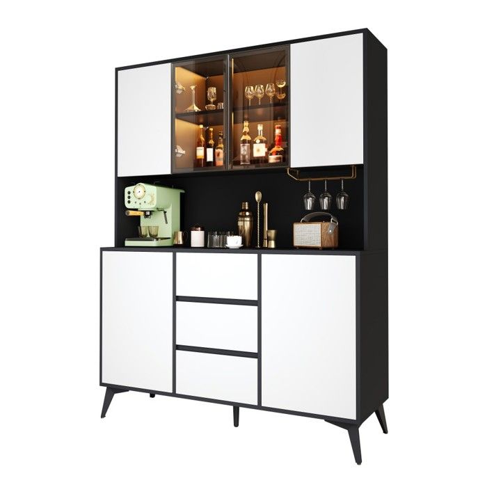 Buffet Cuisine Vitrine MDF Noir Blanc 120x40x160cm 3 Tiroirs Support Verre Doré meuble Rangement Salon Salle À Manger Modulable App