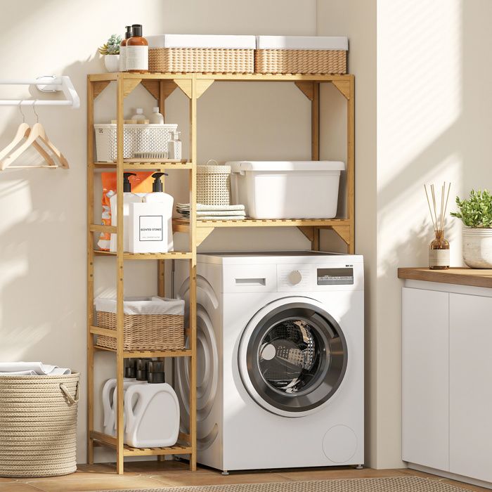 Étagère au-dessus de Machine à Laver en Bambou Meuble de Salle de Bain Moderne avec Étagères Réversibles Bois Naturel