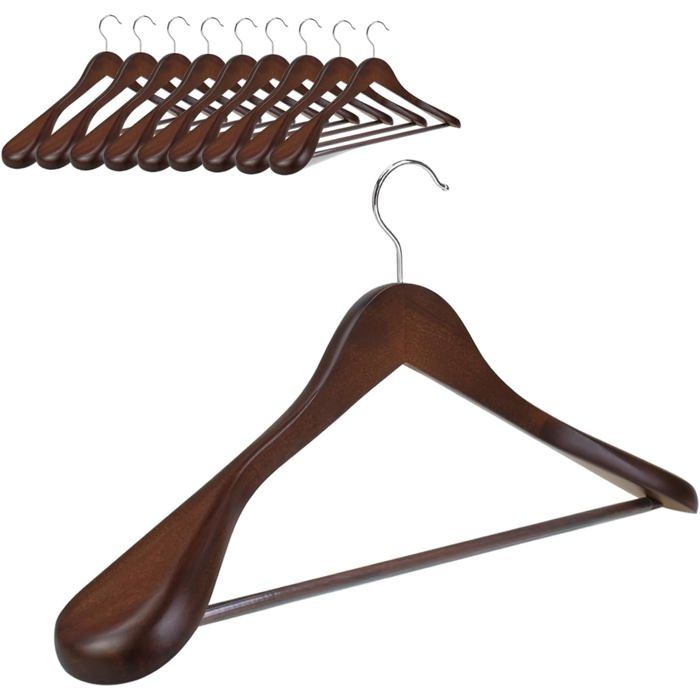 10 Cintres de Luxe en Bois Massif Naturel 44.5cm de Épaules Larges pour Manteau Costume Veste avec Barre Ronde Antidérapante