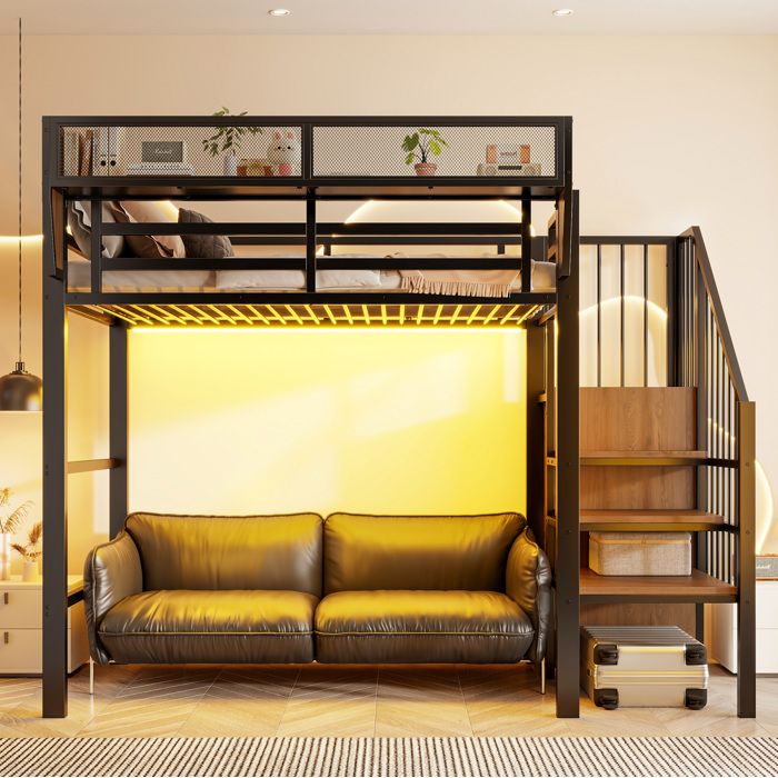 VUENOR Lit mezzanine 90x200 cm noir avec LED escalier rangement sans matelas