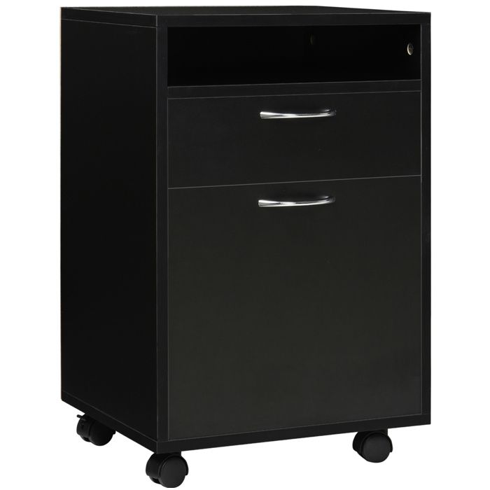 Caisson de bureau sur roulettes – noir – 1 tiroir 1 porte niche ouverte – 40 x 35 x 60 cm