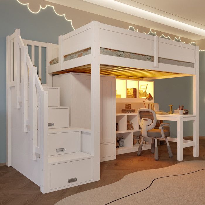 Lit Mezzanine 1 Place 90x200 en Bois avec Bureau et Étagère et Armoire Lit Enfant avec Escalier de Rangement et Lumière LED Blanc
