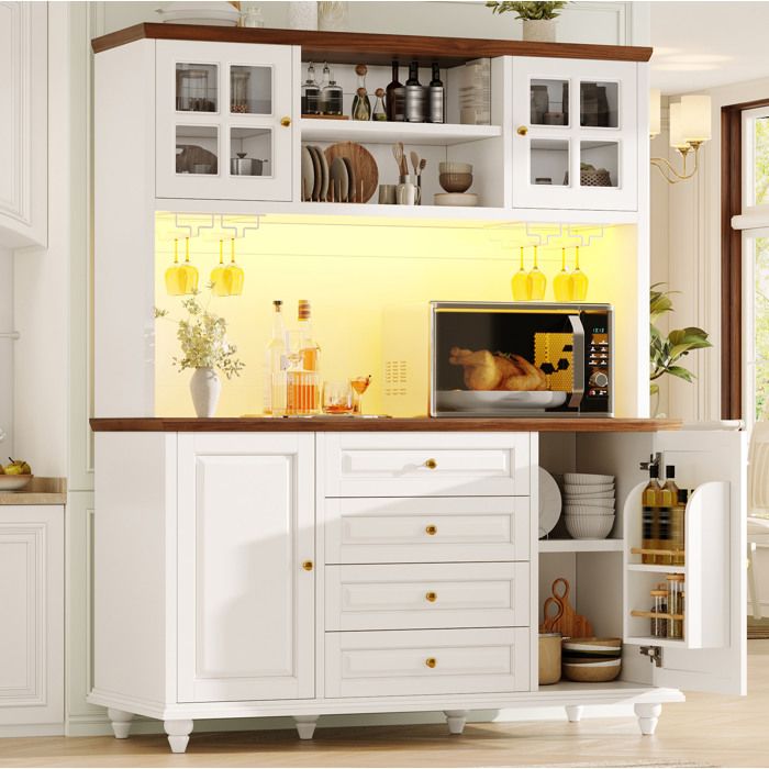 MEUBLIV Buffet de cuisine haut 140 x 40 x 179 5 cm avec LED RGB 4 tiroirs 4 portes MDF blanc