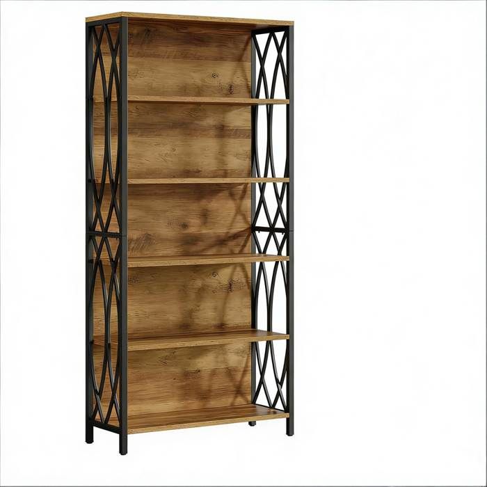 Bibliothèque ouverte industrielle – 80 x 28 x 180 cm – métal noir et aspect bois marron