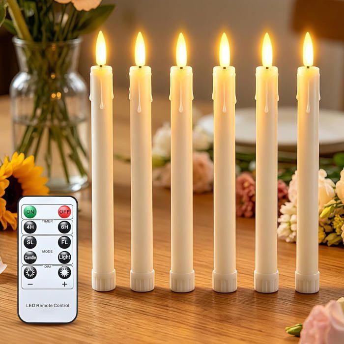 Six lampes à bougies LED sur pied avec fonction minuterie télécommande et support lampes à bougies LED pointues sans flamme.