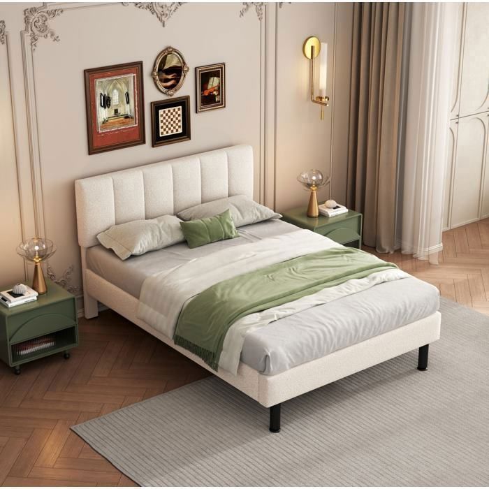 Structure de lit lit adulte 140x190 cm avec sommier à lattes en sherpa beige sans matelas