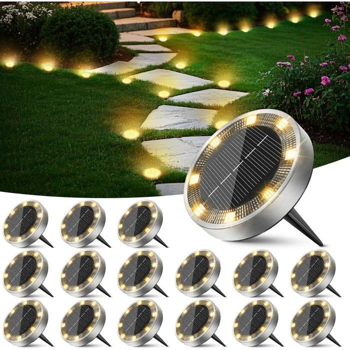 Spot Solaire Extérieur 8 LED IP65 Étanche - Lot de 16 Lampes Solaires au Sol Blanc Chaud pour Jardin Terrasse Allée Pelouse Cour