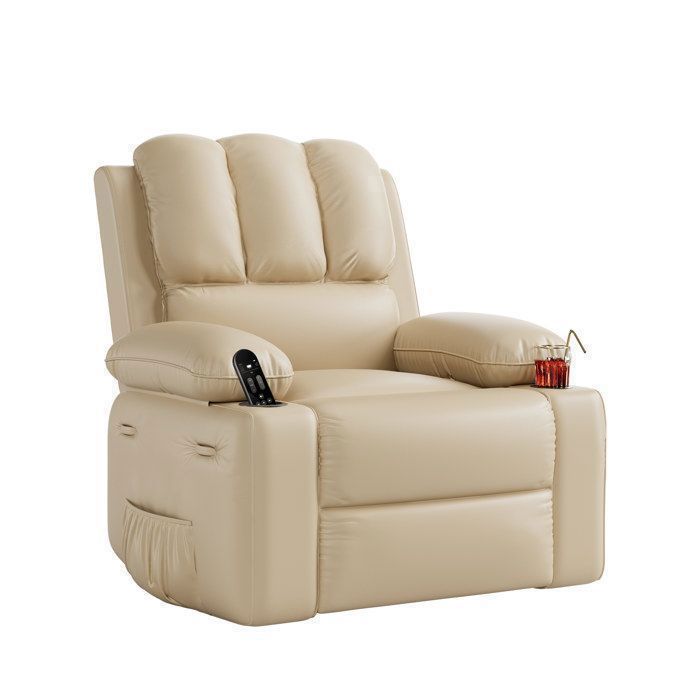Fauteuil Relax Inclinable XL  – Dossier 135° Porte-Gobelets Poches Latérales Accoudoirs Soutien Lombaire Aspect Cuir PU Beige