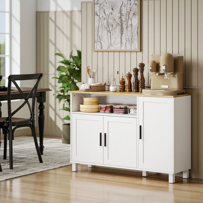 Buffet - 110 x 33 x 75 cm - 3 portes - Plateau imitation bois - Portes à fermeture douce