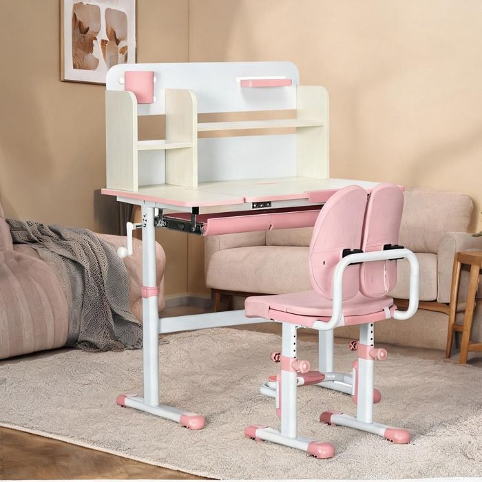 Bureau enfant rose ajustable 80x52 cm avec chaise ergonomique et rangement – hauteur - Rose PP Acier 80 x 52 x 109 cm Ref V88S59