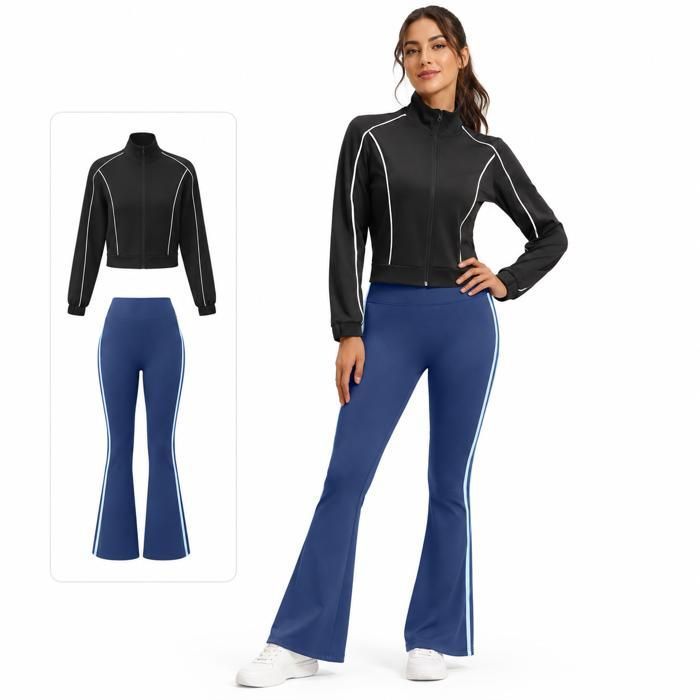Ensemble sport femme AProsp 2 pièces veste zippée pantalon évasé S-2XL yoga vélo noir et bleu marine