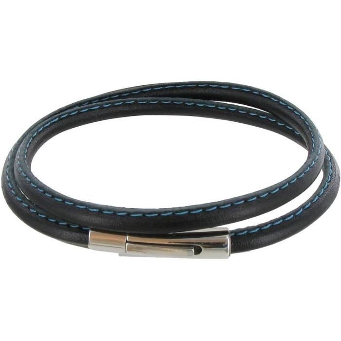Bracelet homme cuir tressé noir, acier inoxydable, fermoir aimanté