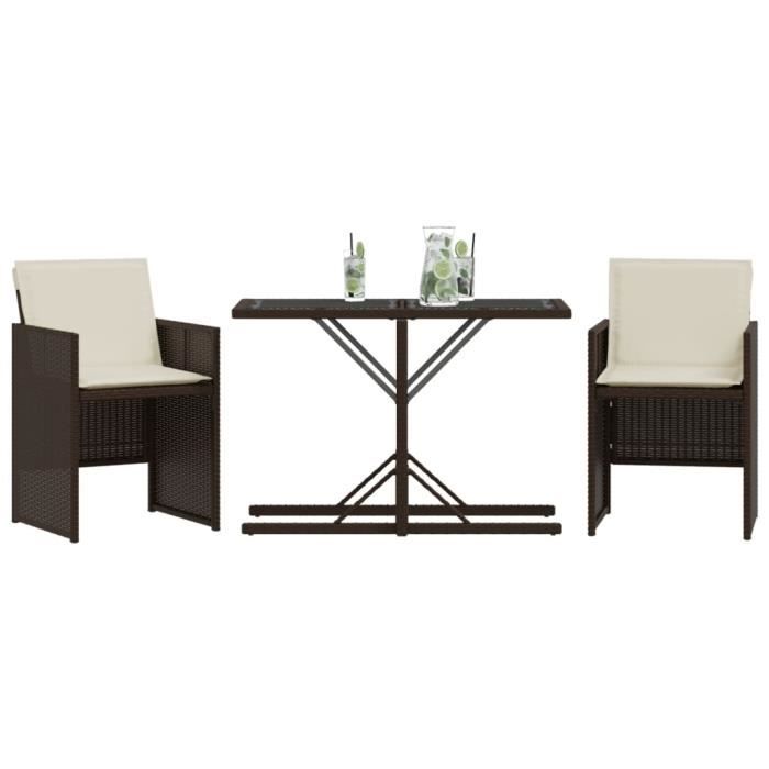 YESM Ensemble de bistro 3 pcs avec coussins marron résine tressée AB365065 NOUVEAU