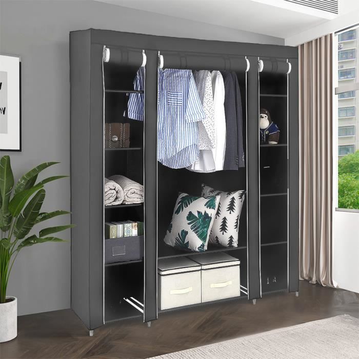 QIAN Armoire de Rangement Penderie en Tissu intiss Multifonctionnel - 12 Etagères + 1 Tringle à vêtements - Gris 134 x 43 x 172 cm