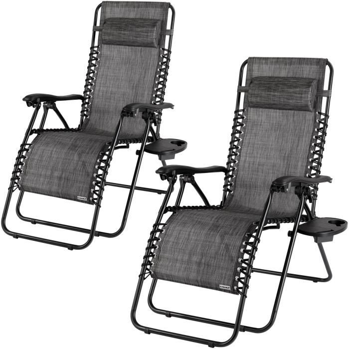 2x Chaises longues de jardin inclinables Chaise pliable avec porte-gobelet Fauteuil relax Transat jardin anthracite