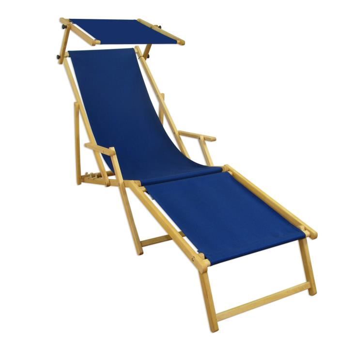 Chaise longue de jardin bleue pliante repose-pieds pare-soleil bois naturel 10-307NFS
