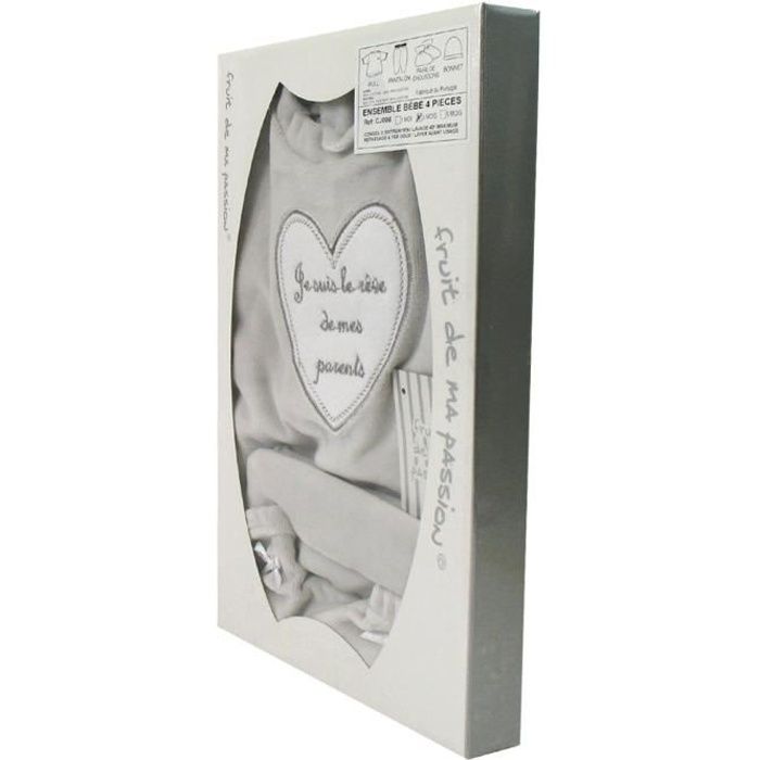 Coffret Ensemble bébé 4 pièces 0 à 3 Mois gris - Je suis le rêve de mes parents