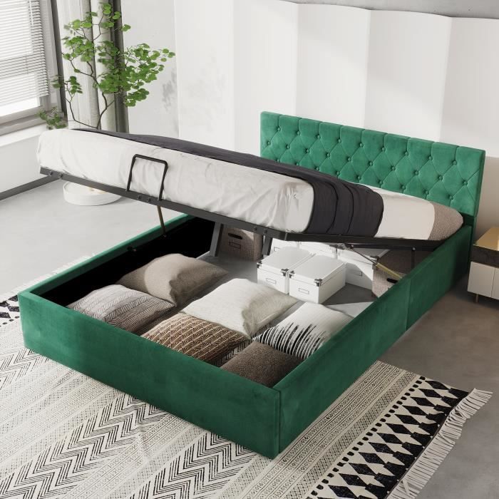 lit coffre adulte 140 x 200 cm en velours avec coffre de rangement, lit double pour 2 personnes, sommier à lattes inclus, vert rétro