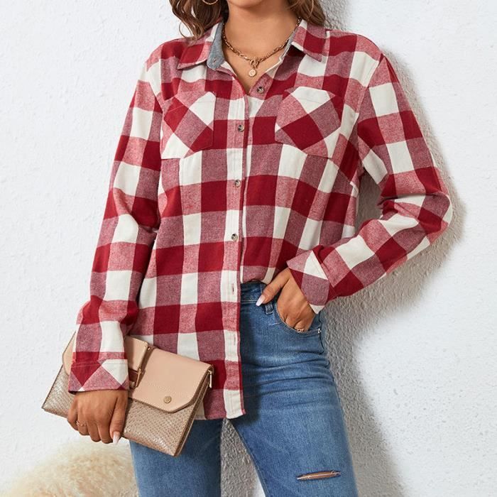 Chemise Femme Flanelle Carreaux Plaid Printemps Automne Manches Longues  Casual Relaxed Fit Bordeaux White