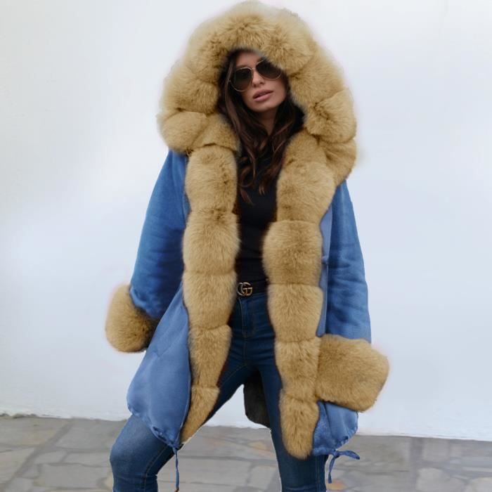 Parka Bleu Femme de Marque Fishtail Parka Mode Parka Longue Parka ?� Capuche Col en Fourrure 