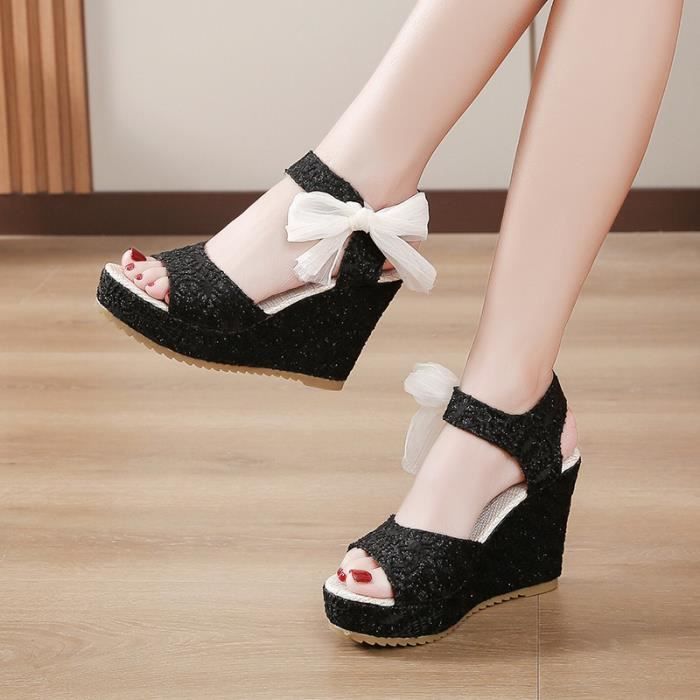 Sandales d ete a talons compenses pour femmes chaussures de loisirs en dentelle plate forme de fete talons hauts Noir Noir Cdiscount Chaussures