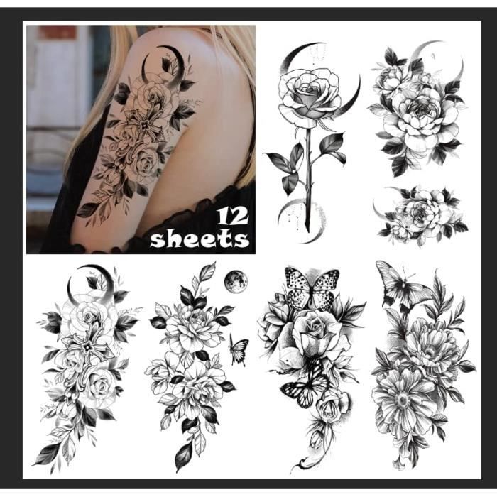 20 Feuilles Faux Tatouage, Tatouage Ephemere Femme 3D Fleur Bras, Tatouage Adulte Adhésif