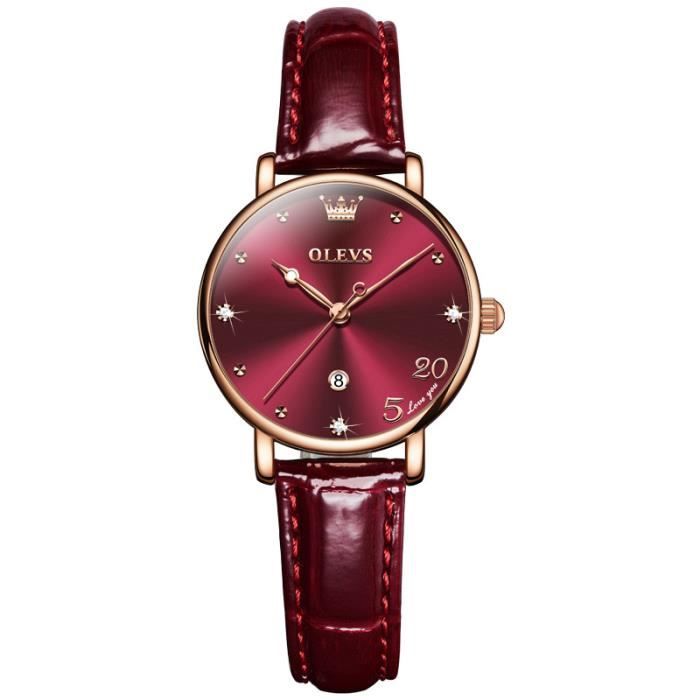 Montre Femme élégante - Boîtier 32 Mm Avec Cristaux - Bracelet Cuir Véritable - Mouvement Japonais - Étanche Quotidien