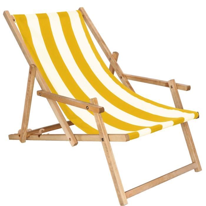 Transat de Jardin SPRINGOS® - Chaise longue pliante en bois imprégné - Blanc/Jaune