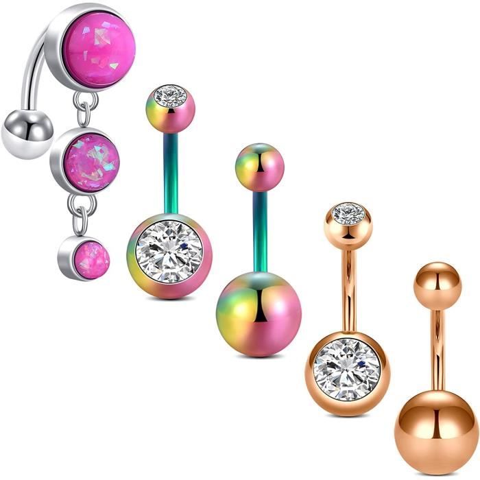Lot De 2 Piercings De Nombril En Acier Chirurgical 14G - Boule CZ Cristal Et Boule Unie - 11 Couleurs