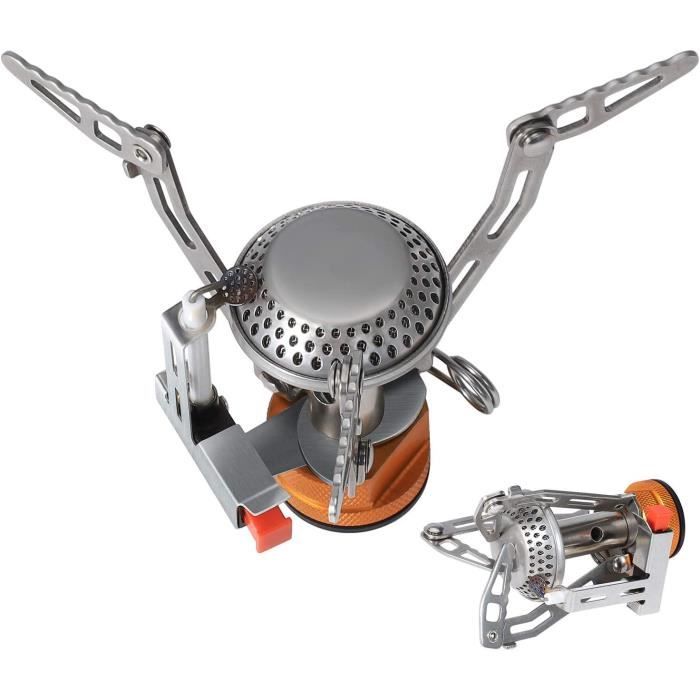 Réchaud Gaz Camping Titane Portable - Mini Brûleur Pliable, Allumage Manuel, Réglage Flamme, Sac Inclus