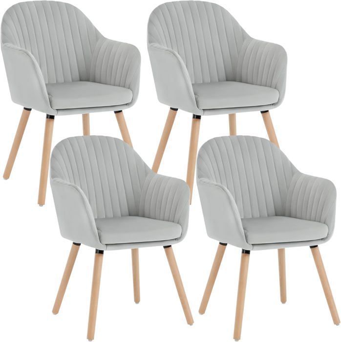 WOLTU 4x Chaises de salle à manger en velours Chaise pour cuisinesaloncafé Pieds en bois massif Gris Clair W0ATT0148-4