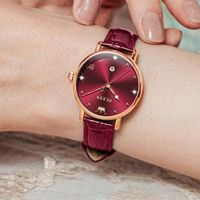Montre Quartz Femme – Cadran Argenté Avec Strass/Diamants – Bracelet Cuir Rouge – Marque Ernest – Neuf Avec Boîte