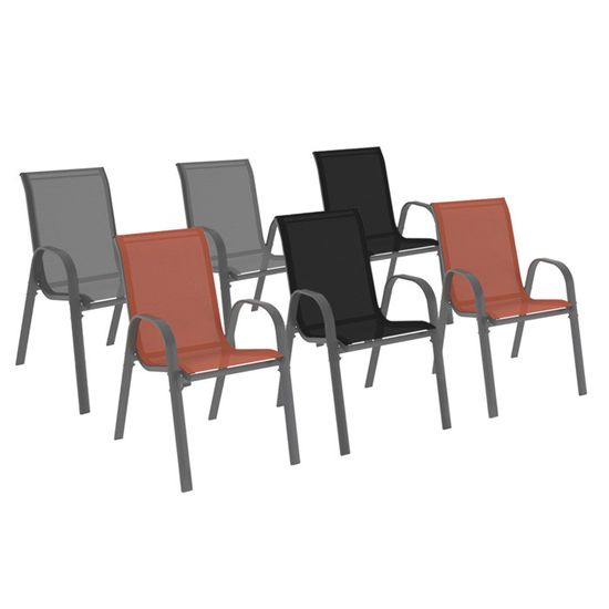 Lot De 6 Chaises De Jardin LYMA - Empilables, Métal Et Textilène - Gris, Noir, Terracotta