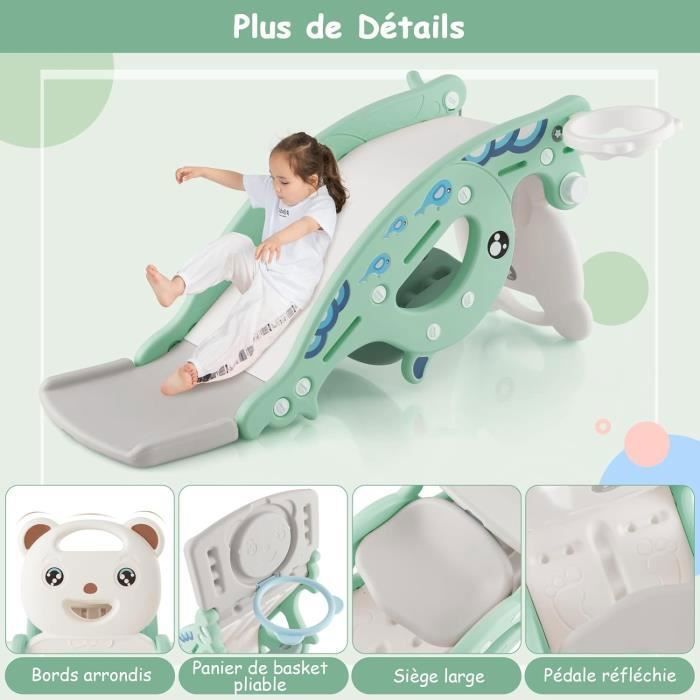 Toboggan Enfant 4 En 1 GOPLUS Avec Panier Basket Et Cheval à Bascule - 50kg, Rose Ou Vert