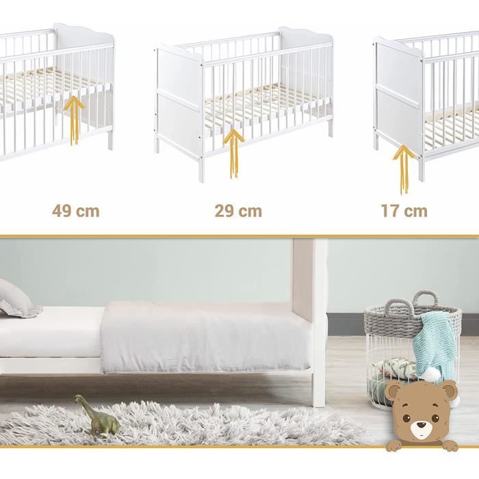 iGLOBAL Lit bébé 2 en 1 - Lit à barreaux avec matelas - Hauteur réglable -  Convertible en lit junior - Tiroir sous lit 120 x 60 cm, Blanc