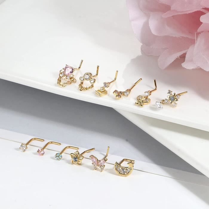 12 Anneaux De Nez Pendants Pour Femmes - Acier Chirurgical 316L, 20G, Design Cœur Lune Étoile Papillon CZ, Hypoallergénique