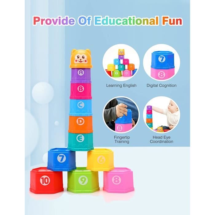 PHYLES – Cubes Empilables Bébé, Tasses Gigognes 8 Pièces, Chiffres Et Fruits, Jouet éducatif Dès 6 Mois